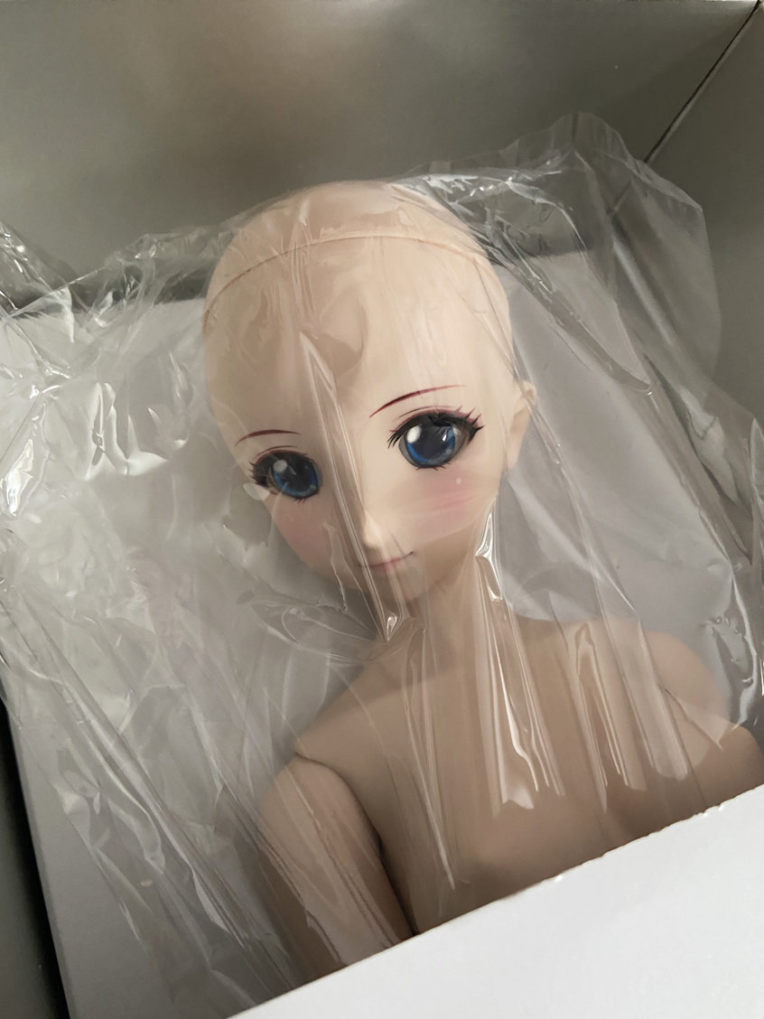 Image shows a closeup on the doll's face which is being displayed inside a box.